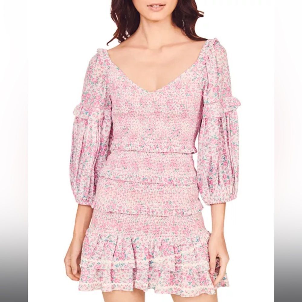 LoveShackFancy Ensley Printed Smocked Cotton Long Sleeve‎ Mini Dress, Size Large